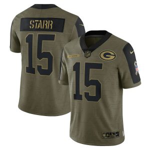 Men's Green Bay Packers Bart Starr Olive 2021 Salute To Service Retired Player Limited Jersey