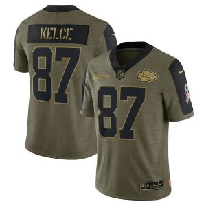 Men's Kansas City Chiefs Travis Kelce Olive 2021 Salute To Service Limited Player Jersey