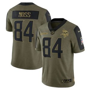 Men's Minnesota Vikings Randy Moss Olive 2021 Salute To Service Retired Player Limited Jersey