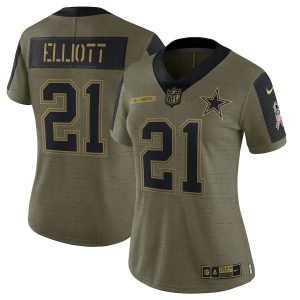 Women's Dallas Cowboys Ezekiel Elliott Olive 2021 Salute To Service Limited Player Jersey
